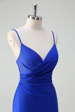 Glitter Royal Blue Mermaid Spaghetti Straps Ruched Long Formal Dress With Slit