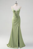 Green Mermaid Spaghetti Straps Corset Long Beaded Formal Dress With Slit