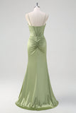 Green Mermaid Spaghetti Straps Corset Long Beaded Formal Dress With Slit