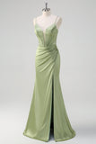 Green Mermaid Spaghetti Straps Corset Long Beaded Formal Dress With Slit