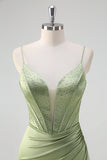 Green Mermaid Spaghetti Straps Corset Long Beaded Formal Dress With Slit