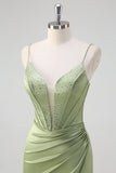 Green Mermaid Spaghetti Straps Corset Long Beaded Formal Dress With Slit