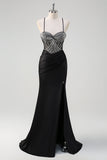 Sparkly Black Mermaid Halter Neck Beaded Long Formal Dress With Slit