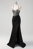 Sparkly Black Mermaid Halter Neck Beaded Long Formal Dress With Slit