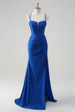 Royal Blue Mermaid Spaghetti Straps Corset Long Formal Dress With Slit