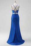 Royal Blue Mermaid Spaghetti Straps Corset Long Formal Dress With Slit