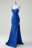 Royal Blue Mermaid Spaghetti Straps Corset Long Formal Dress With Slit