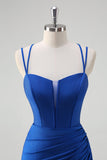 Royal Blue Mermaid Spaghetti Straps Corset Long Formal Dress With Slit