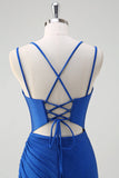 Royal Blue Mermaid Spaghetti Straps Corset Long Formal Dress With Slit