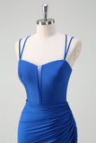 Royal Blue Mermaid Spaghetti Straps Corset Long Formal Dress With Slit