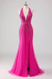 Sparkly Fuchsia Mermaid Halter Beaded Long Formal Dress with Slit