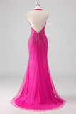 Sparkly Fuchsia Mermaid Halter Beaded Long Formal Dress with Slit