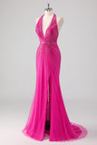 Sparkly Fuchsia Mermaid Halter Beaded Long Formal Dress with Slit