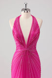 Sparkly Fuchsia Mermaid Halter Beaded Long Formal Dress with Slit