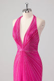 Sparkly Fuchsia Mermaid Halter Beaded Long Formal Dress with Slit