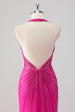 Sparkly Fuchsia Mermaid Halter Beaded Long Formal Dress with Slit