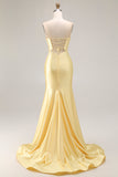 Sparkly Mermaid Beaded Cut Out Yellow Long Formal Dress with Slit