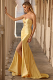 Sparkly Mermaid Beaded Cut Out Yellow Long Formal Dress with Slit