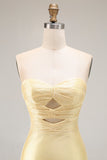 Yellow Mermaid Strapless Beaded Cut-Out Long Prom Dress With Slit