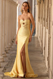 Sparkly Mermaid Beaded Cut Out Yellow Long Formal Dress with Slit