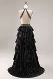 Black Tiered Ruffle A Line Halter Beaded Open Back Long Prom Dress with Slit
