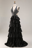 Black Tiered Ruffle A Line Halter Beaded Open Back Long Prom Dress with Slit