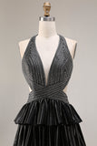 Black Tiered Ruffle A Line Halter Beaded Open Back Long Prom Dress with Slit