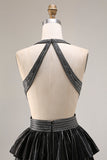 Black Tiered Ruffle A Line Halter Beaded Open Back Long Prom Dress with Slit
