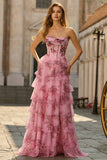 White Blue Flower A-Line Basque Waist Strapless Tiered Long Prom Dress with Slit