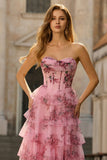 White Blue Flower A-Line Basque Waist Strapless Tiered Long Prom Dress with Slit
