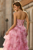 White Blue Flower A-Line Basque Waist Strapless Tiered Long Prom Dress with Slit