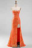 Sparkly Orange Mermaid Sequins Strapless Long Prom Dress with Slit