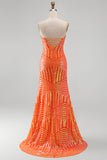 Sparkly Orange Mermaid Sequins Strapless Long Prom Dress with Slit