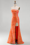 Sparkly Orange Mermaid Sequins Strapless Long Prom Dress with Slit