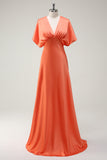 Sunset A Line V-Neck Satin Bridesmaid Dress with Short Sleeves