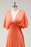 Sunset A Line V-Neck Satin Bridesmaid Dress with Short Sleeves