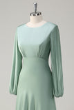 A Line Round Neck Long Sleeves Sage Bridesmaid Dress