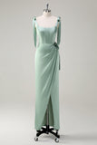 Sparkly Sage Sheath Bow Tie Straps Corset Long Bridesmaid Dress with Slit