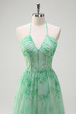 Green A-Line Halter Floral Corset Ruffles Long Formal Dress with Slit