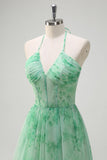 Green A-Line Halter Floral Corset Ruffles Long Formal Dress with Slit