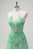 Green A-Line Halter Floral Corset Ruffles Long Formal Dress with Slit