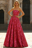 Fuchsia Floral Strapless A-Line Long Prom Dress