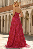 Fuchsia Floral Strapless A-Line Long Prom Dress