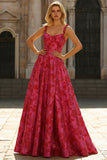 Fuchsia A-Line Spaghetti Straps Floral Jacquard Long Formal Dress with Slit