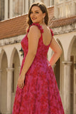Fuchsia Floral Jacquard A-Line Spaghetti Straps Long Plus Size Prom Dress with Slit