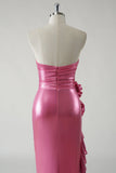 Sparkly Fuchsia Metallic Strapless Prom Dress with Slit