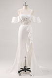 White Mermaid Cold Shoulder Corset Appliqued Long Prom Dress with Slit