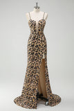 Mermaid Khaki Leopard Sequins Corset Plus Size Long Prom Dress with Slit