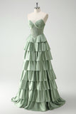 Green Sweetheart Princess Satin Tiered Long Corset Prom Dress with Slit