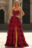 Burgundy Princess Sweetheart Beaded Tiered Corset Long Prom Dress with Slit
